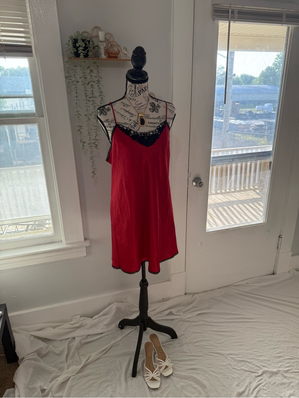 Vintage Body Chic Red Satin Slip Dress with Black Lace Trim